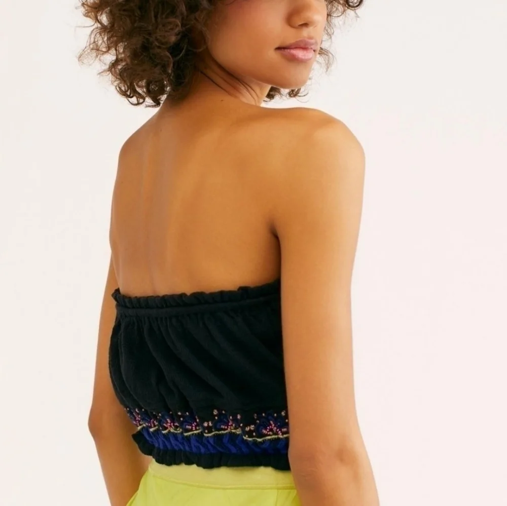 NWT Free People No More Tears Embroidered Front Tie Tassle Tube Bandeau Top Sz M